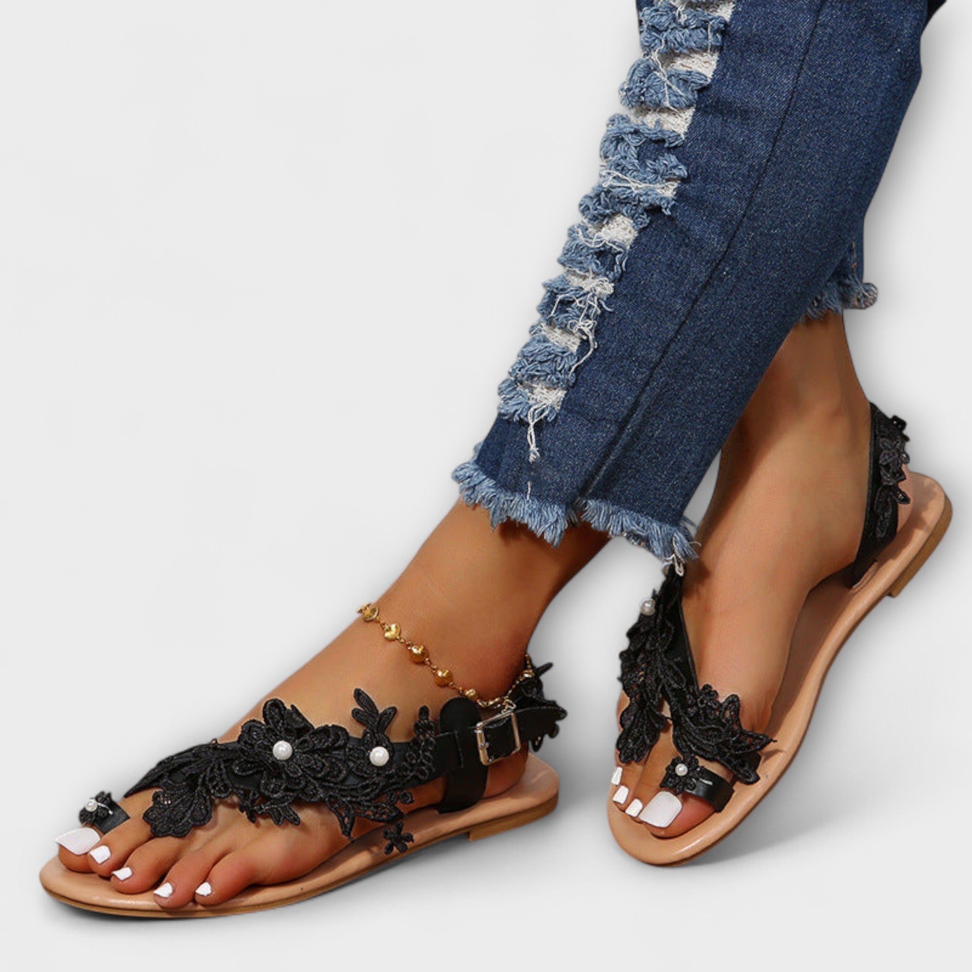 Boho - Bequeme Sandalen mit Blumen & Knöchelriemen