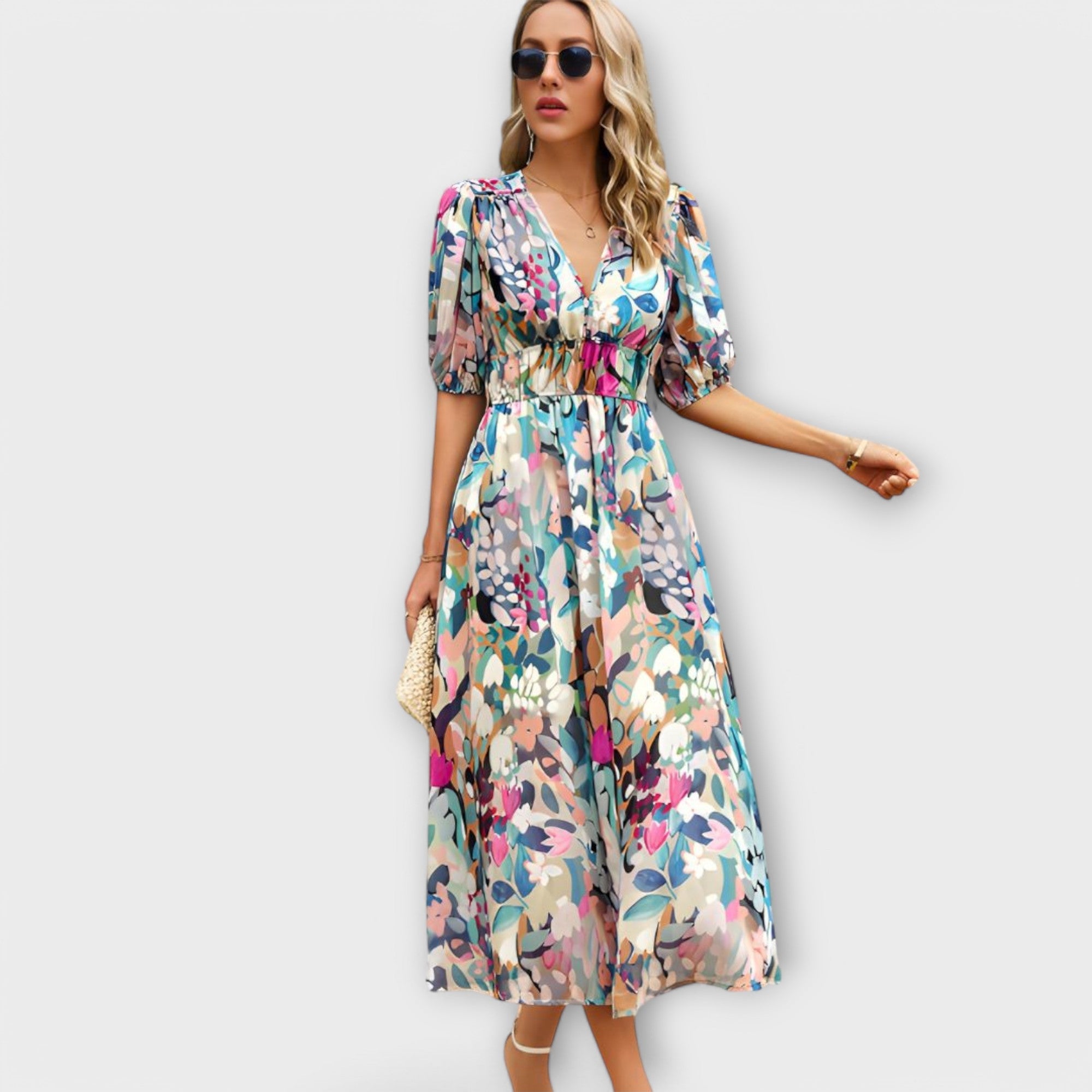 Abstraktes Maxi-Kleid mit Puffärmeln