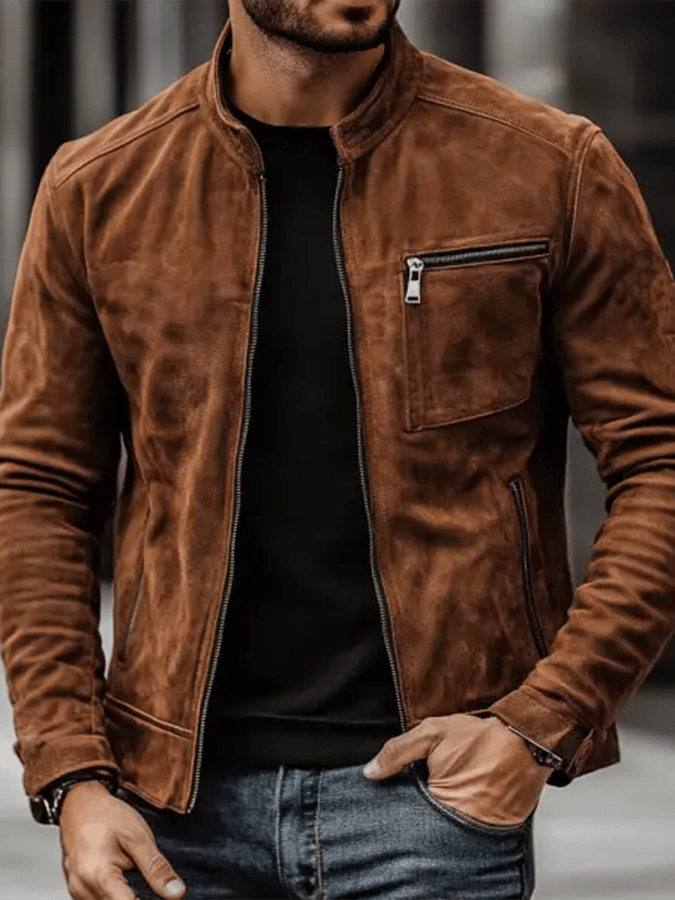 Herren Vintage Wildleder Jacke mit Reißverschluss und Stehkragen – Letzter Tag 80% Rabatt!