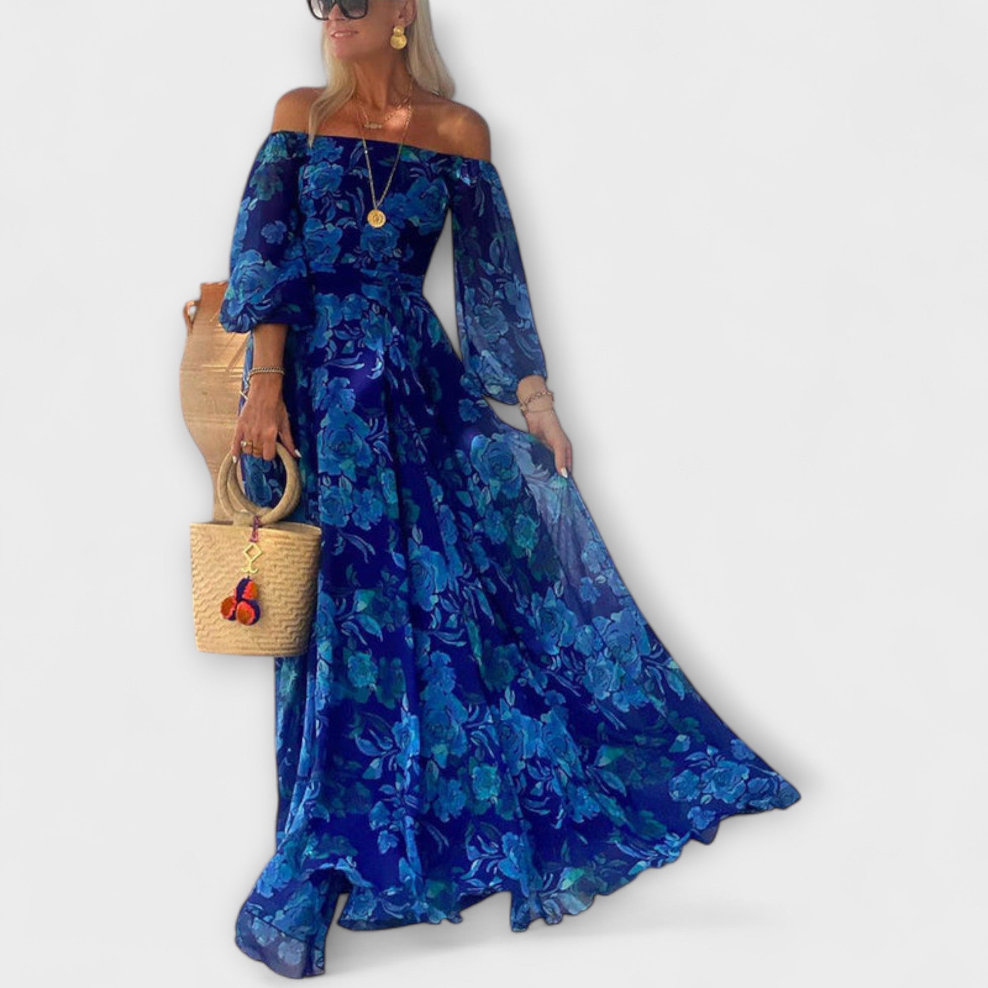 Juniper- Florales Off-Shoulder Smocked Maxikleid für den Urlaub