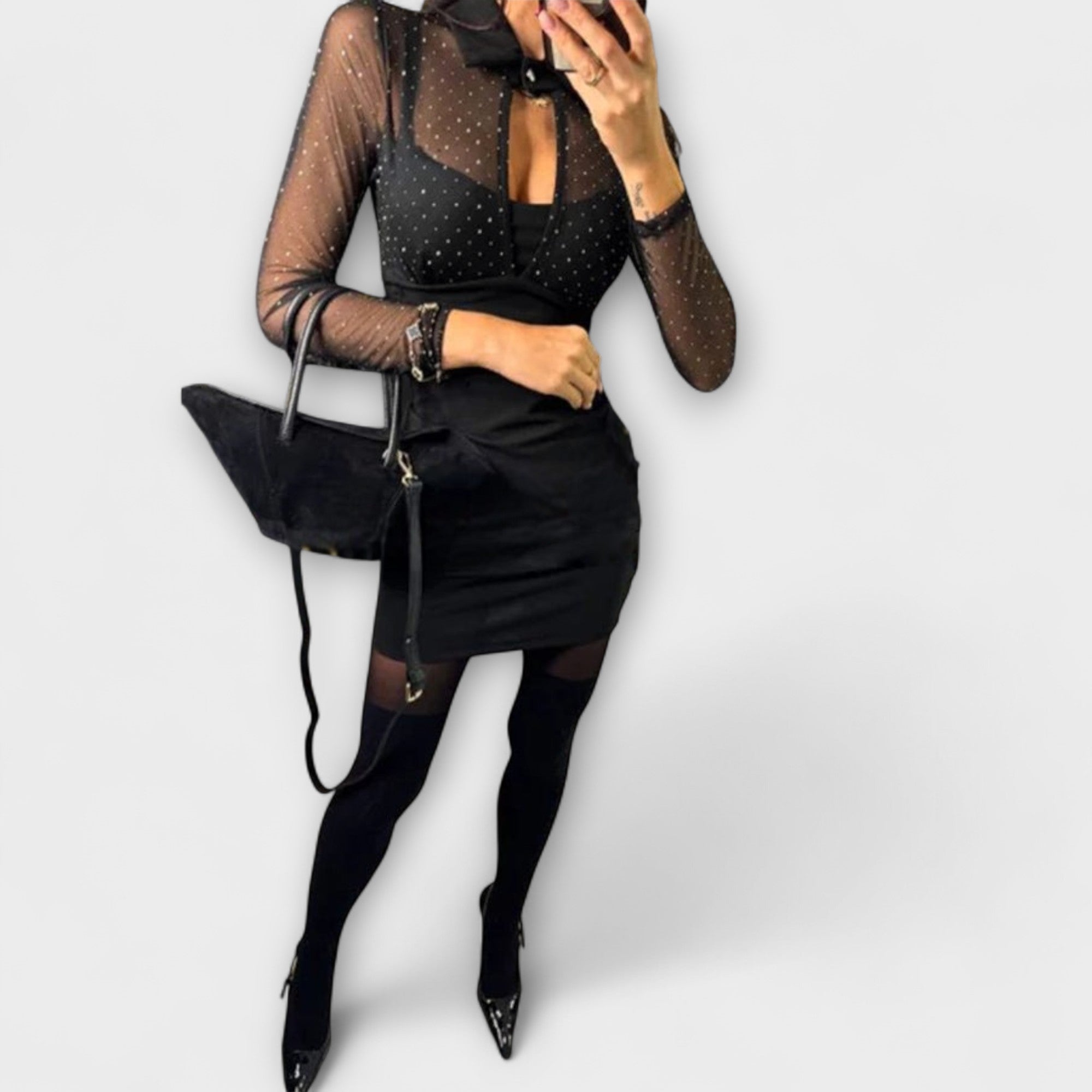 Stevie - Minikleid mit Netz-Glitzer-Ausschnitt und Stretch-Stoff